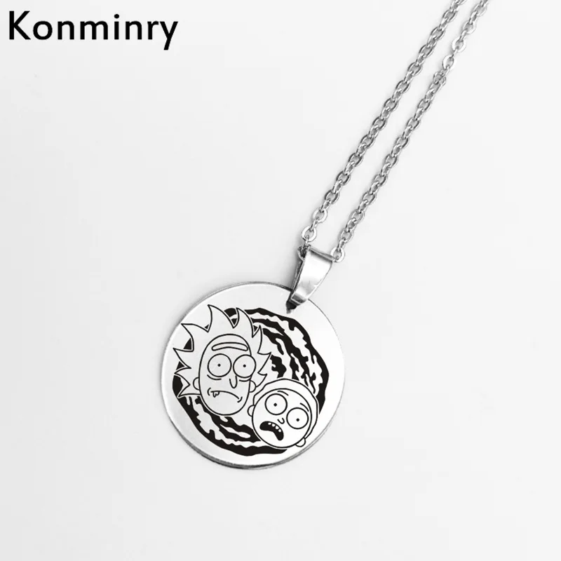 

Konminry Hot Rick Morty Stainless Steel Round Shape Pendant Necklace Laser Printing Cartton Chain Cute Charms Necklace Jewelry