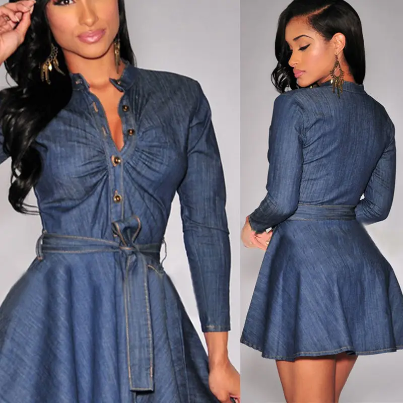 

Womens Check Shirt Mini Dress Ladies Long Sleeve Plaid Romper Dress Denim Dress