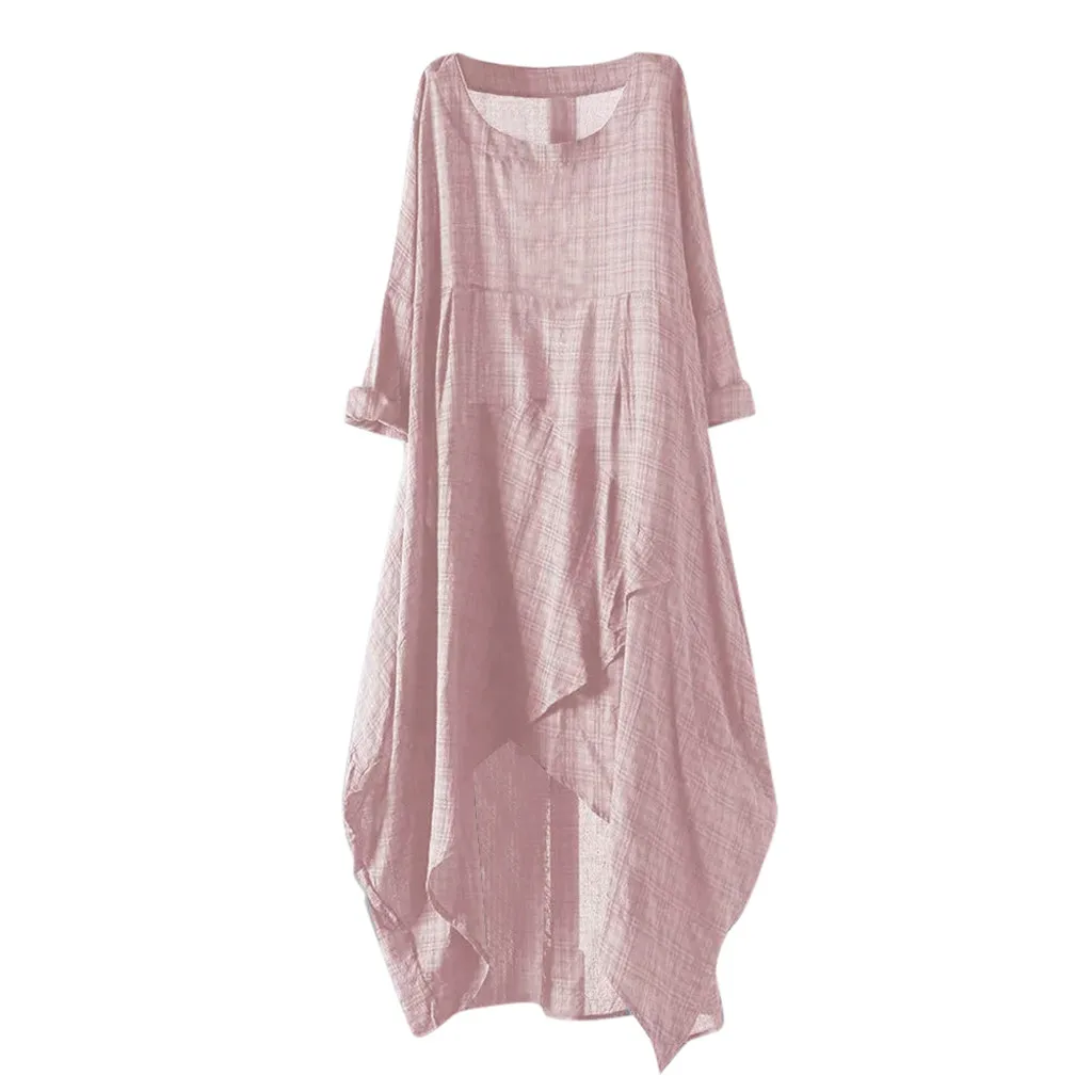 

Women Vintage Cotton Soft Casual Loose Flare Plaid Irregular Hem Maxi Long Dress Irregular Grid Robe Femme Summer Plus Size #JX
