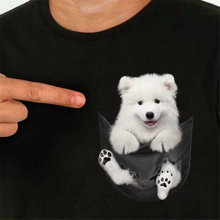 

Cute Samoyed Dog Inside Pocket T Shirt Dog Lovers Shirt Black Cotton Men S-6XL Sportswear Tee Shirt