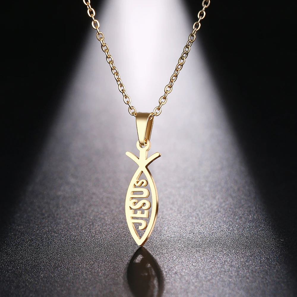 

DOTIFI Stainless Steel Necklace For Women Man Lover's Sharp Jesus Fish Shape Color Pendant Necklace Engagement Jewelry