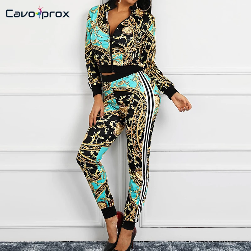 

Women Two Piece Sets Outfits Retro Print Striped Long Sleeve Jacket & Elastic Waist Ankle Length Pants Sweatsuit Set