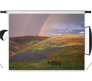 

7x5FT Fairytale Hillside Full Of Colored Flowers Double Rainbow Seamless Washable No Folds Polyester Backdrop Background Decor