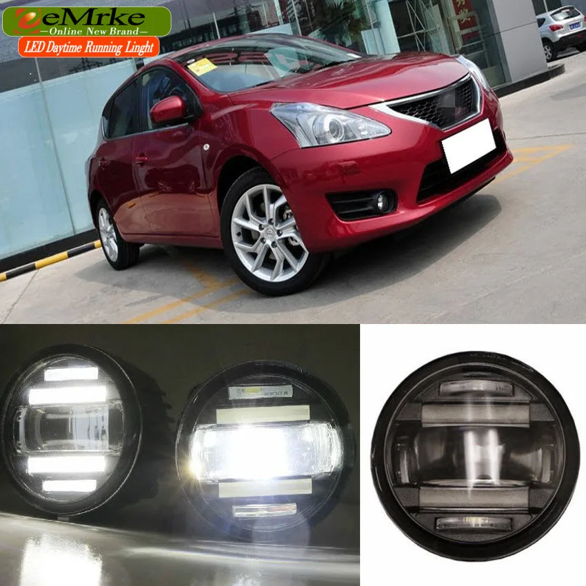

eeMrke Car Styling For Nissan Tiida C12 Pulsar ST Hatch 2 in 1 Multifunction LED Fog Lights DRL With Lens Daytime Running Lights