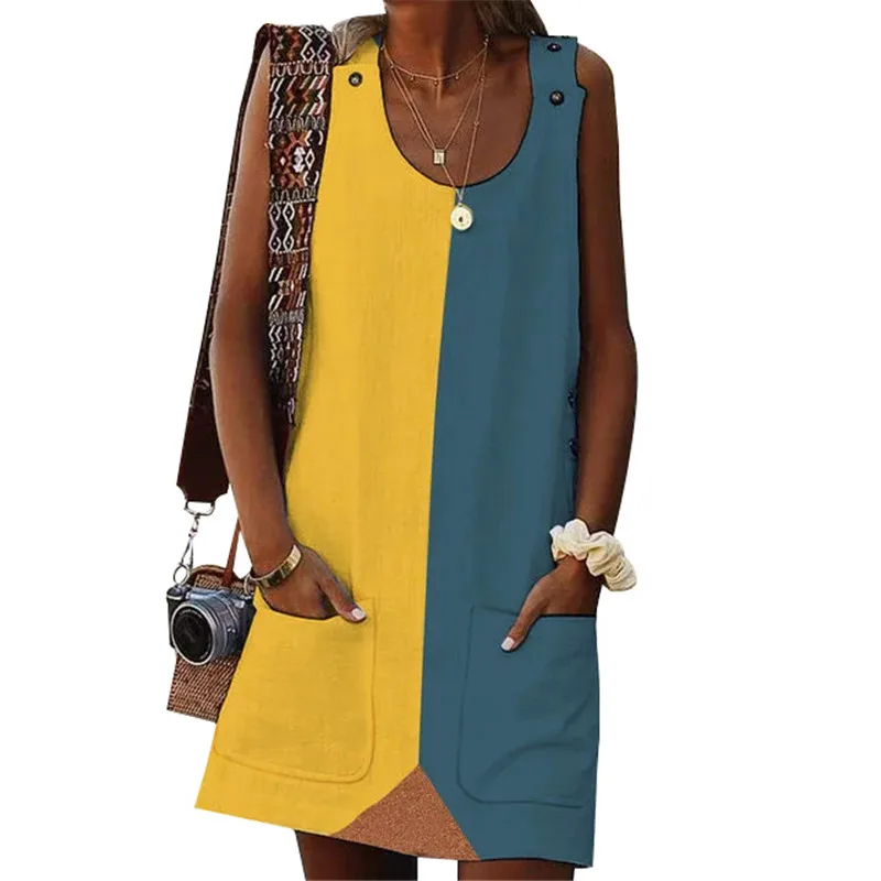 

Multi Color Patchwork Short Tank Dress Women Off Shoulder Sleeveless Casual Summer Dress 2019 Pockets Plus Size 5XL Loose Dress