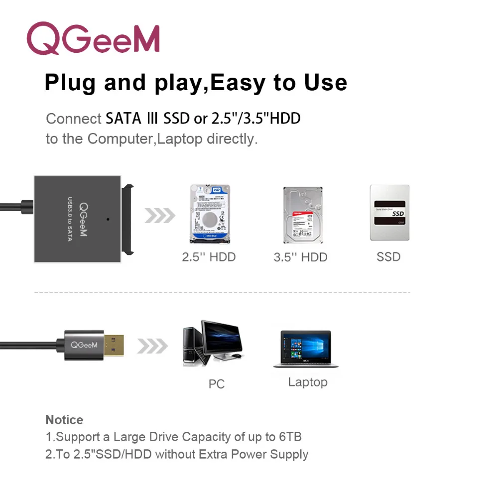 QGeeM SATA to USB Adapter USB 3.0 2.0 Cable to Sata Converter for Samsung Seagate WD 2.5 3.5 HDD SSD Hard Disk USB Sata Adapter
