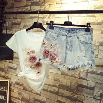 

Women's t-shirt shorts suits summer women embroidery flower t-shirt women's sets female cowboy 2 piece set