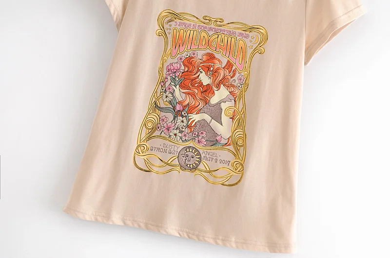 Boho Vintage chic happie Women Cotton Top O-Neck cartoon rose print T-shirts ladies short sleeve Tee shirts oversize