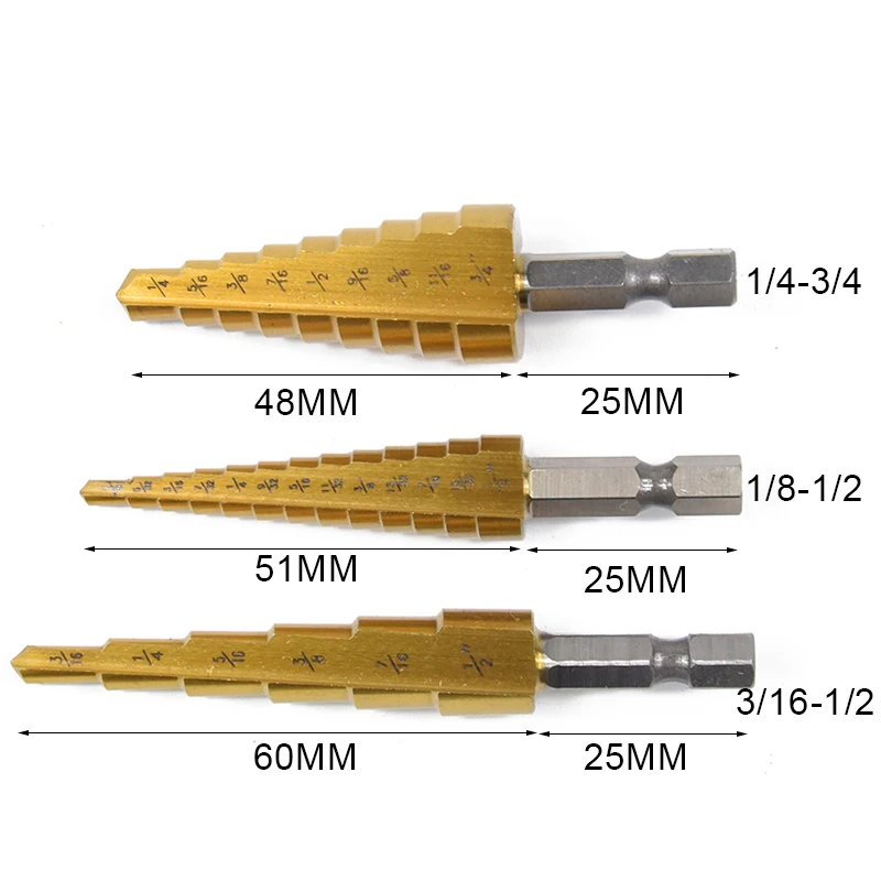 

3pcs Straight Groove Titanium Coated Step Drill Bit Set 3/16-1/2 1/4-3/4 1/8-1/2 HSS Wood/Metal Hole Cutter Core Drill Bit