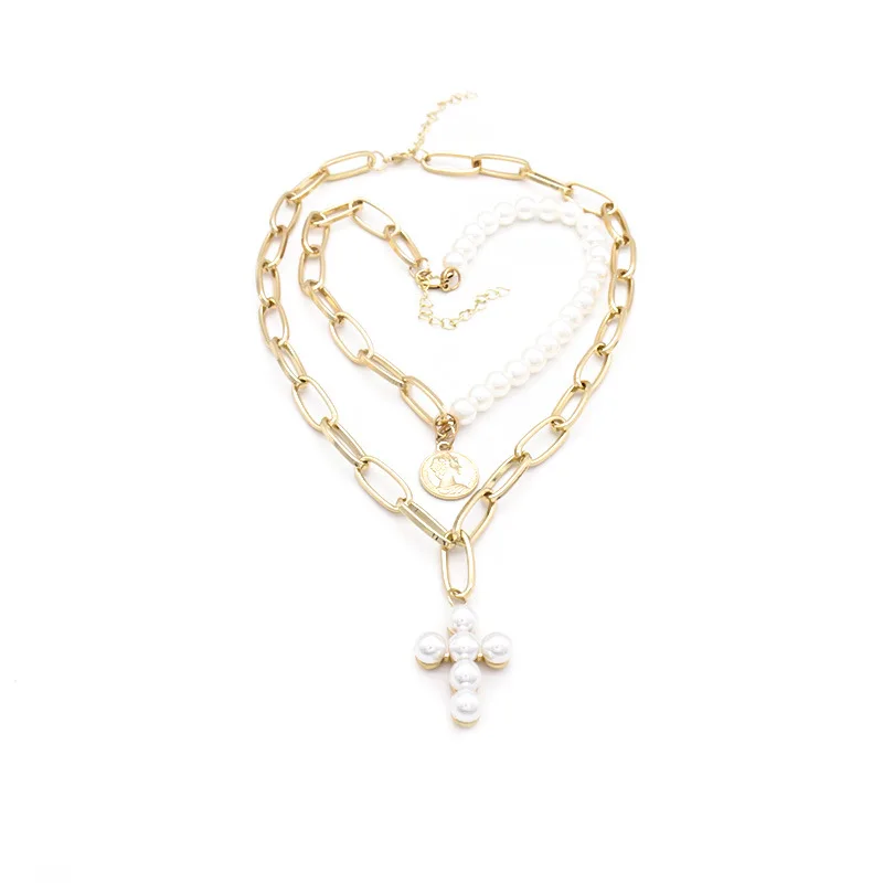 Имитация жемчуга женское колье, чокер крест цепи ожерелья с подвесками с бусинами для женщин золотой цвет модные ювелирные изделия с чеканкой