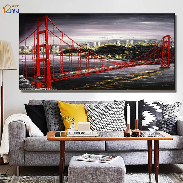 Golden Gate Bridge Picture Red Color Handmade Modern Abstract Canvas Golden Gate Bridge Picture Red Color Handmade Modern Abstract Canvas Oil Painting Wall Art For Living Room Decoration Sl037