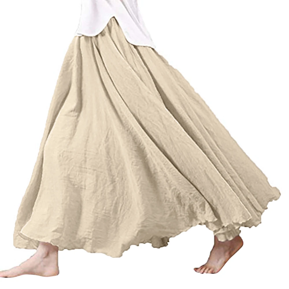 

Women Holiday Ethnic Cotton Linen Skirt Elastic Waist Layer Long Loose Solid Color Party Evening Beach Skirts Floor Length
