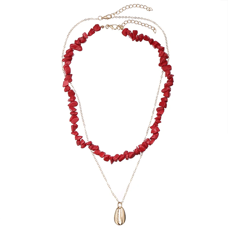 

2019 Fashion Bohemian Irregular Nature Stone Pendant Jewelry Beads Double Link Chain Sea Shell Choker Necklace for Women
