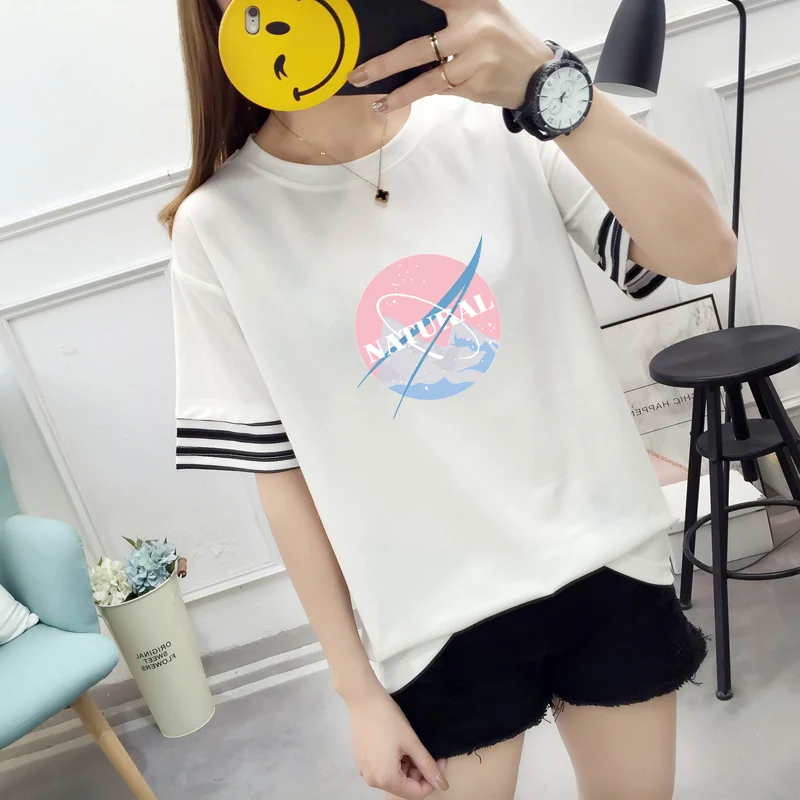 

Summer Sweet Female T-shirt Korean Cotton Short-sleeved Patchwork Cuffs Women's Clothes Harajuku Streetwear Printing T-shirt Top