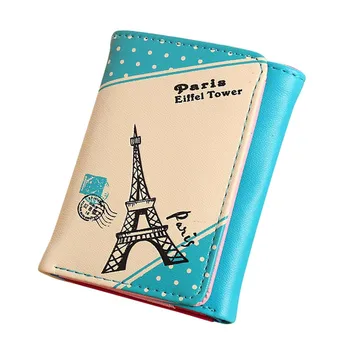 

College Wind Cute ID Card Holders Handbag Women 3 Fold Paris Eiffel Tower Small Coin Purse Hasp PU Leather Short Wallet Girls