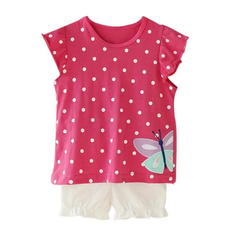 2pcs Summer Baby Girls Casual Clothes Set Children Short Sleeve Dot O-Neck T-shirt +Elastic Solid Shorts Sport Kids | Детская одежда и