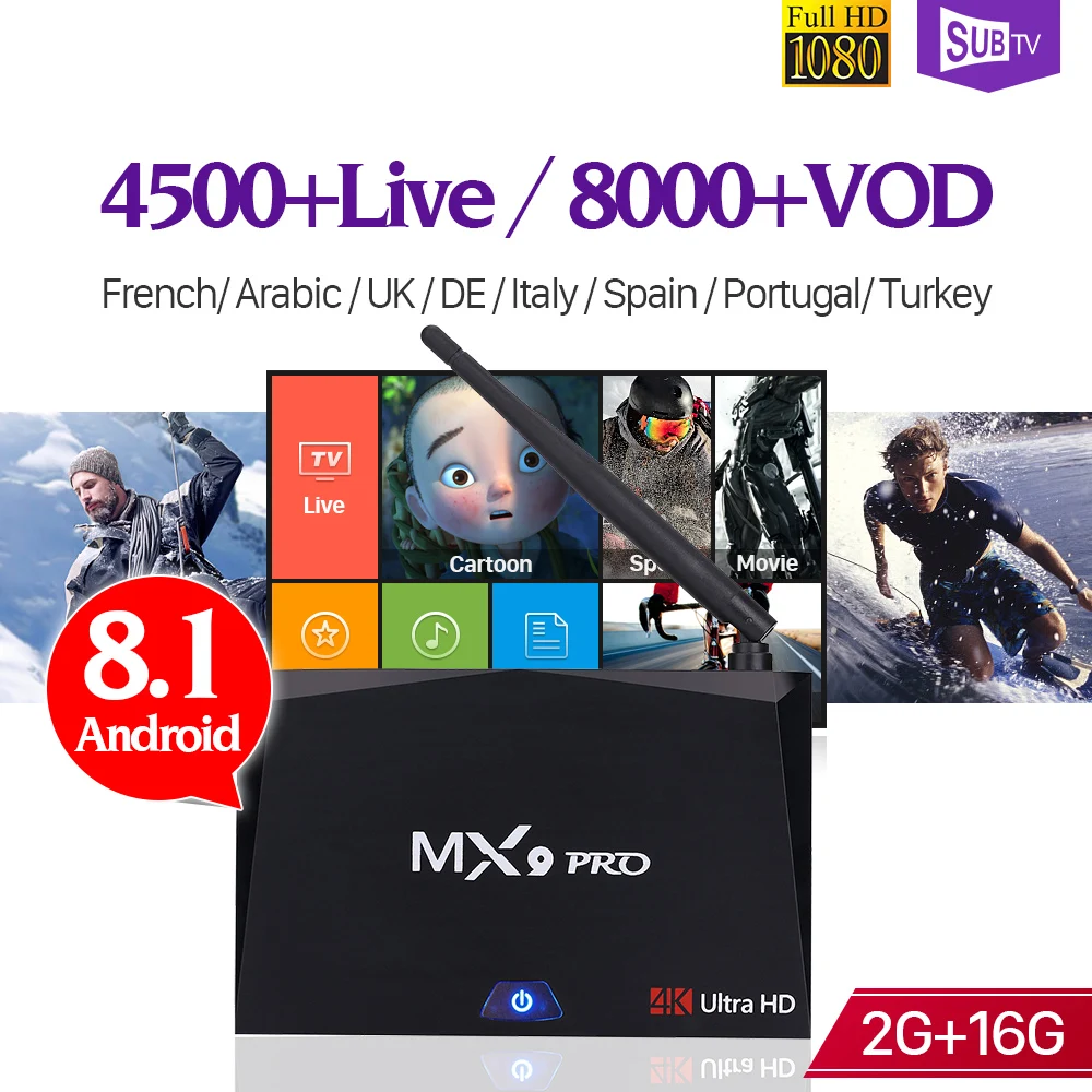 

Italy France IP TV Arabic MX9 Pro Android 8.1 2+16G BT Dual-Band WIFI IPTV 1 Year SUBTV Subscription French Spain Receiver