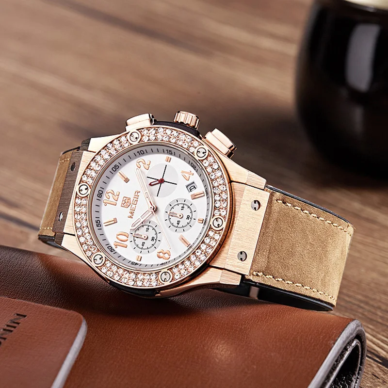 

Megir Top Luxury Brand Ladies Watch Women Leather Silicone Strap Rhinestone Crystal Diamond Quartz Watch Clock Relogio Feminino