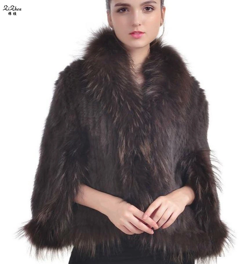 

ZiZhen Fashion Real Geninue Mink Fur Cape Poncho For Women Short Design Cloak Coats With Natural Raccoon Dog Fur Collar 131128-3