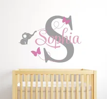 Customized Name Elephant Butterfly Wall Decal for Girls Kids Baby Room Mural Removable Vinyl Wall Sticker Free Shipping KW-115