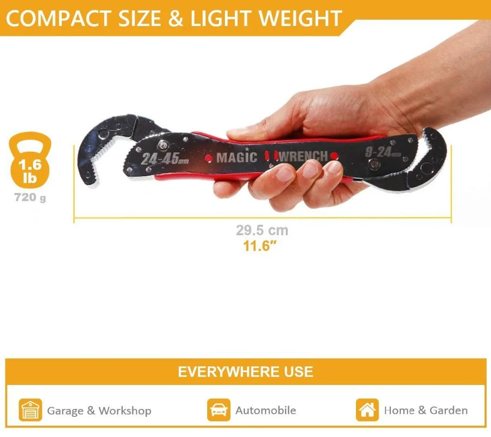 Universal Wrench 15/16"- 13/8" 9-45mm High Torque Adjustable Spanner Wrench Bionic Wrench Snap Grip Pipe Wrench Hand Tool