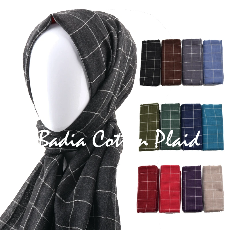 

one piece women plain plaid hijabs cotton oversize muslim solid plaid grid hijab scarf shawls fashion check stole muslim wraps