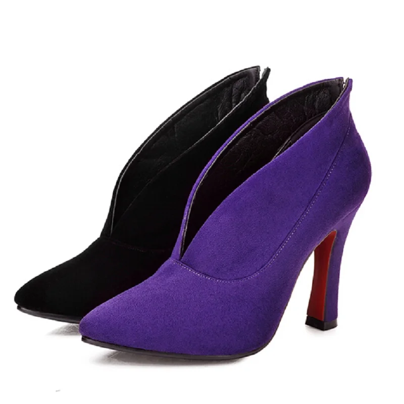 

New Womens Faux Velvet Sexy Pointed Toe High Heels Elegant Black Purple For Women Stiletto Ankle Boots Shoes Woman Zapatos Mujer