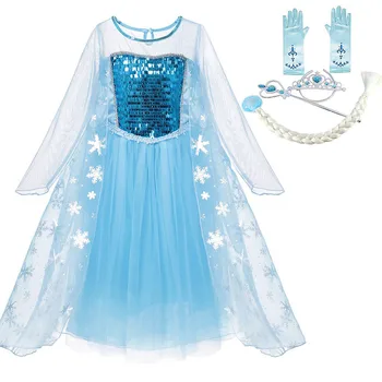 

Sequined Elsa Dress for Girl Full Sleeve Tulle Cloak Snow Queen Princess Dress Kid Cosplay Halloween Costume Birthday Party Wear