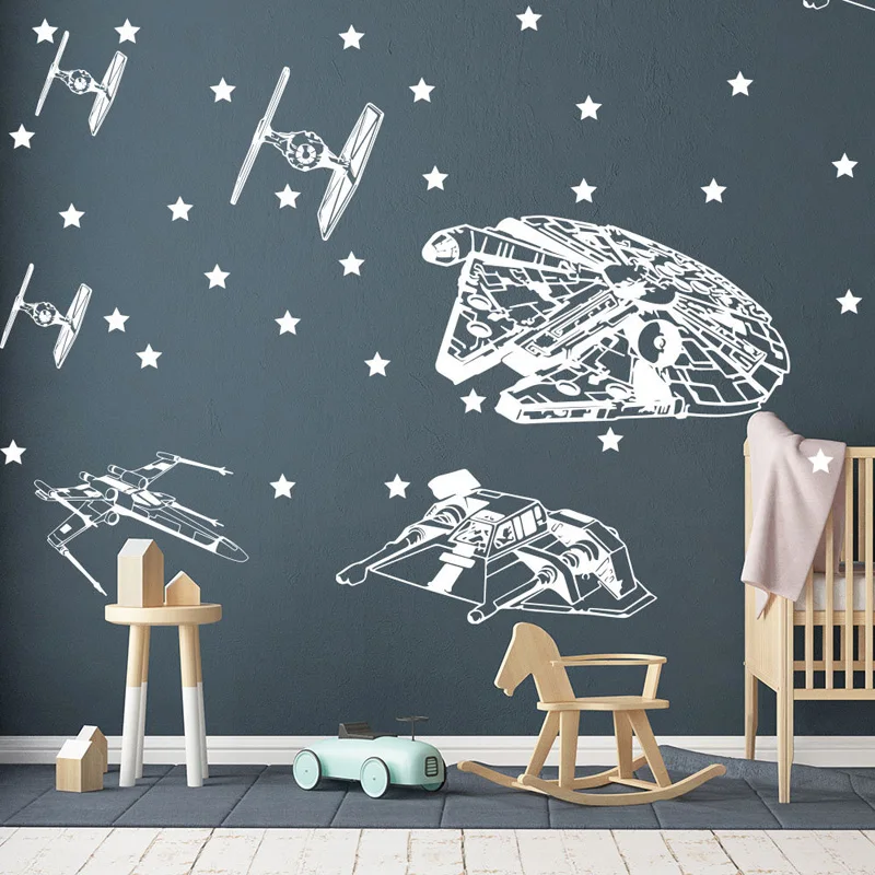 

Star Wars Wall Decal,Spacecraft Vinyl Sticker Millemium Falcon X Wing Fighter Tie Interceptor Boy Bedroom Decoration S-30