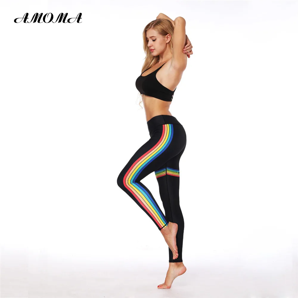 

AMOMA Women Fitness Leggings Pattern Print High Waist Elastic Slim Legging Pants Rainbow