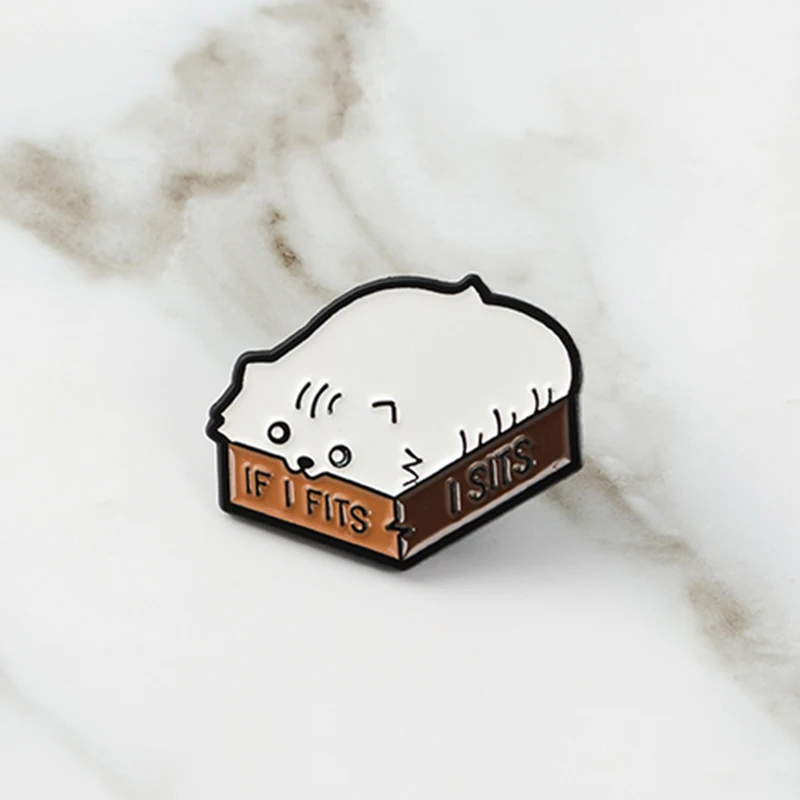 

Cat Story ! Meowth Super Lovely Lazy Cat In Box IF I FITS I SITS Hard Enamel Cartoon Animal Brooches Lapel Pins