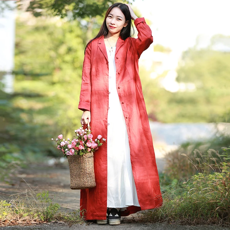 Hisenky осеннее пальто для женщин длинный кардиган винтажная китайская ветровка с длинным рукавом этническое льняное Женское пальто