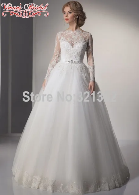 Brazil Retail Wedding Dress 2015 Button Full Sleeve Netting Boat Neck Brush Train Floor Length