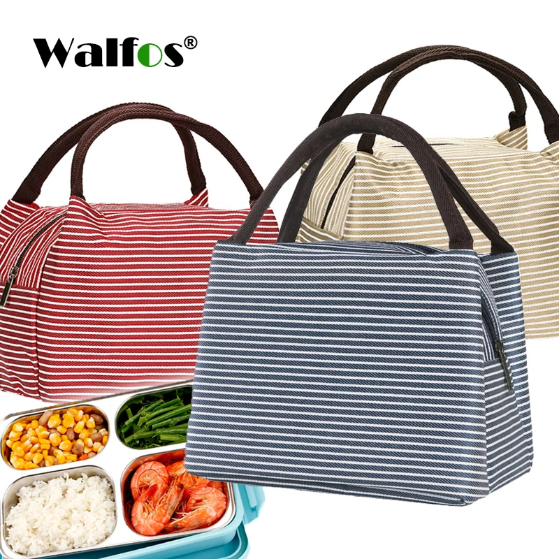 WALFOS Portable Lunch Bag Canvas Stripe Insulated Cooler Bags Thermal Food Picnic Lunch Bags Kids Lunch Box Bag Tote