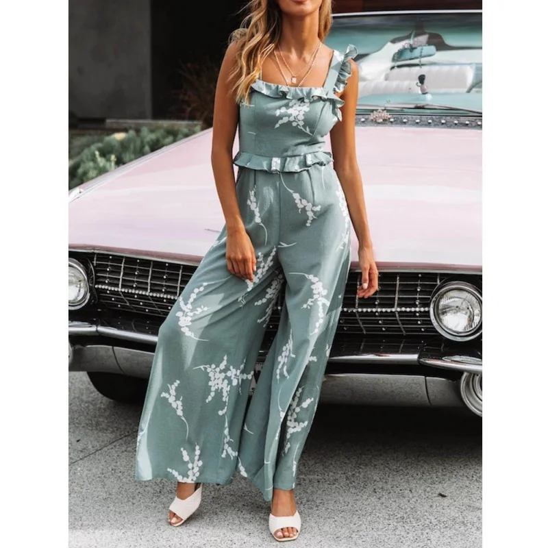 new sexy straps ruffled printed one-piece trousers women vintage backless print female Siamese trousers Lake Blue summer