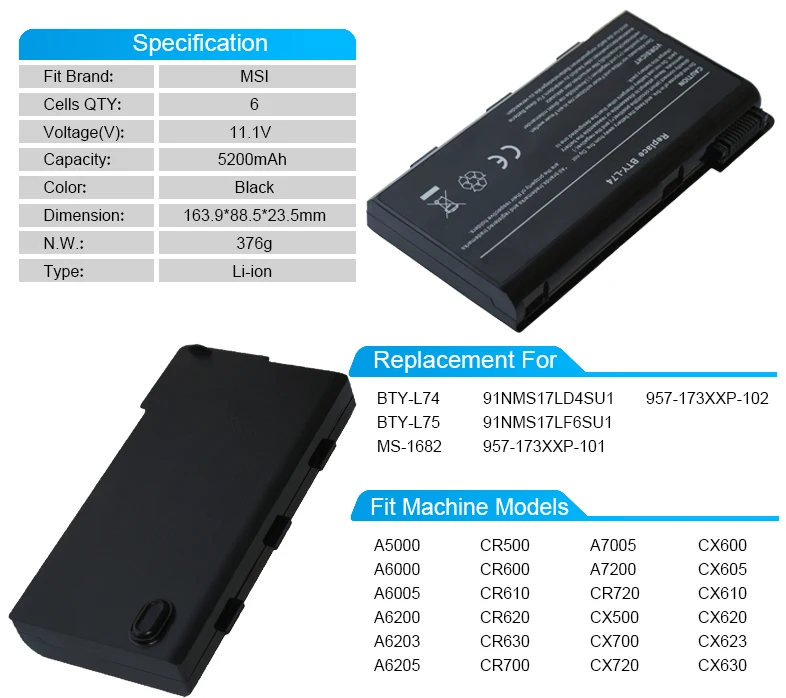 6 cell ноутбук батарея BTY-L74 для msi A5000 A6000 A6005 A6200 A6203 A6205 A7005 A7200 CR500 CR600 91NMS17LD4SU1 957-173XXP-101