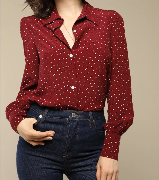 

Women Dot Buttons Blouses 2019 Female Black Red Long Sleeve Loose Casual Tops