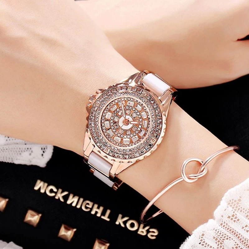 2019 новые женские модные часы роскошные из розового золота с кристаллами