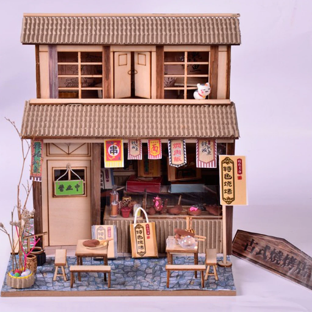 DIY Handcraft Miniature Project Dollhouse Furniture Kit Wooden Dolls House Antique Barbecue Restaurant Gift for Children