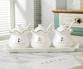 

European Style Creative Home Seasoning Box Salt Sugar Pot Spice Jar Combination Ceramic Cruet With Cover Kitchen Suppies LFB832