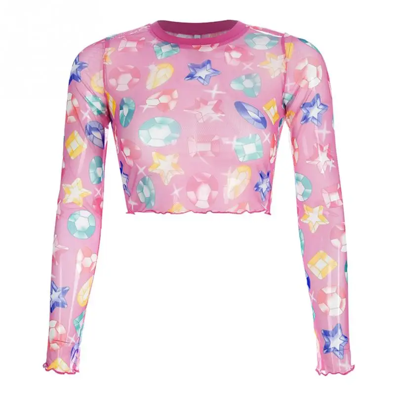Новая женская рубашка в стиле Hyuna, сексуальный прозрачный сетчатый укороченный топ с длинным рукавом, тонкая женская летняя пляжная короткая футболка - Цвет: 8