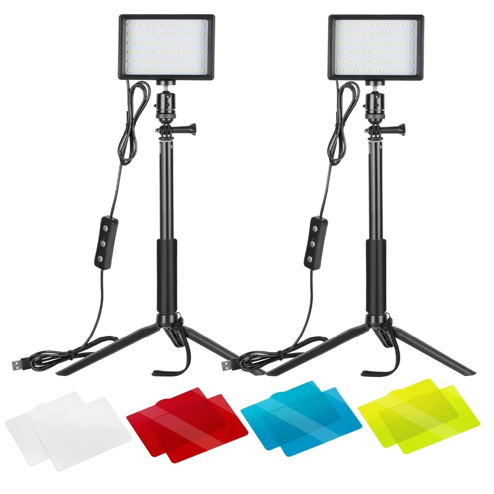 Neewer 2 Packs Dimmable 5600K USB LED Video Light with Adjustable Tripod Stand/Color Filters for Tabletop/Low Angle Shooting