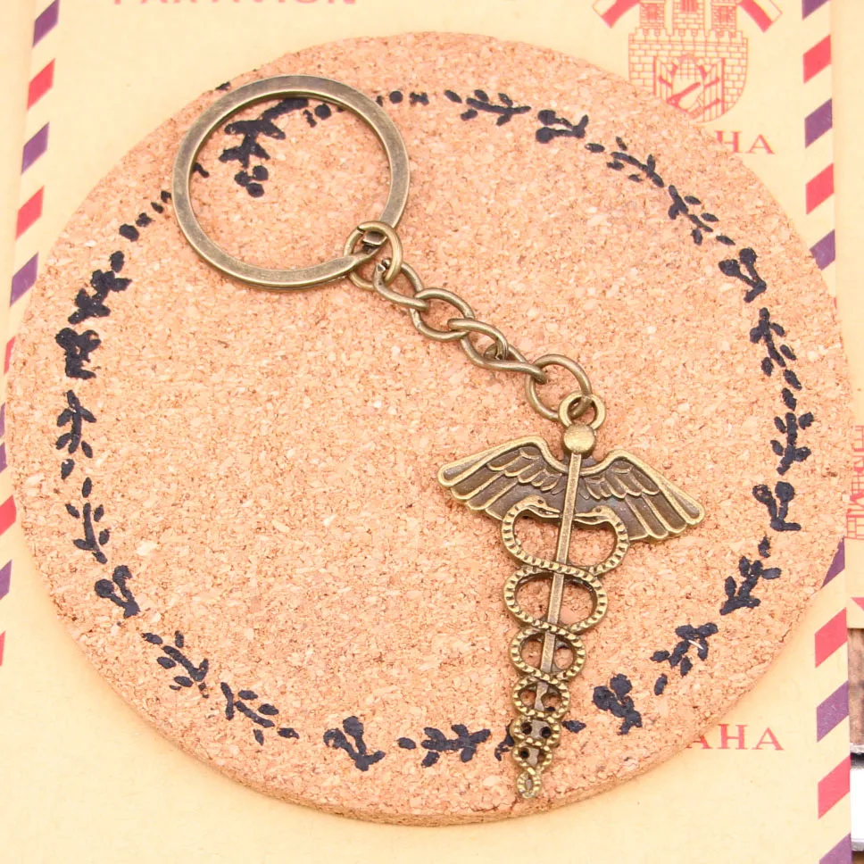 

New Fashion Bronze Pendant Metal Key Chains Accessory,28mm Key Ring Vintage caduceus medicine symbol Keychain