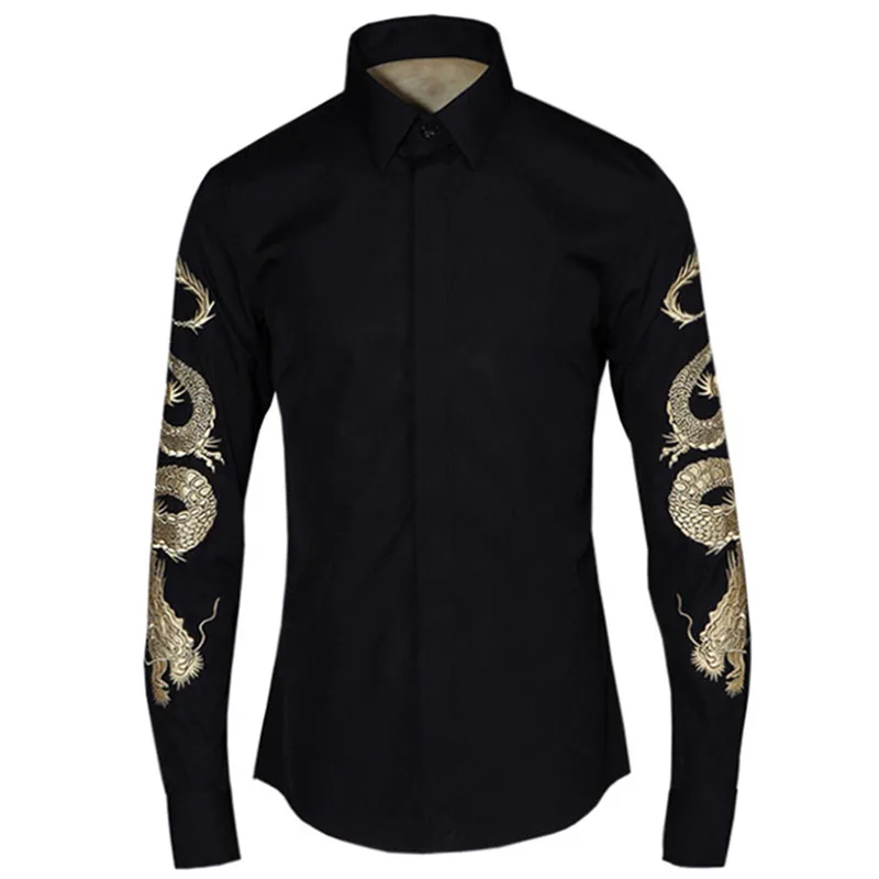 Для мужчин рубашка-смокинг Винтажная с драконом блузка с принтом Мода г. черный, белый цвет платье деловая мужская рубашка - Цвет: Черный