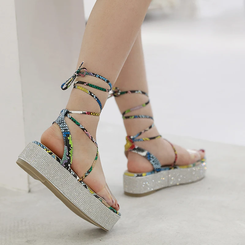 

shoes Woman Gladiator Sandals crystal Platform heels slides lace up peep Toe Wedge shoes summer hollow shoes sandalias Mujer