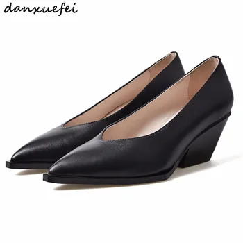 

Women's genuine leather slip-on pumps med heel comfortable spring new female footwear high heel OL style retro vintage shoes hot
