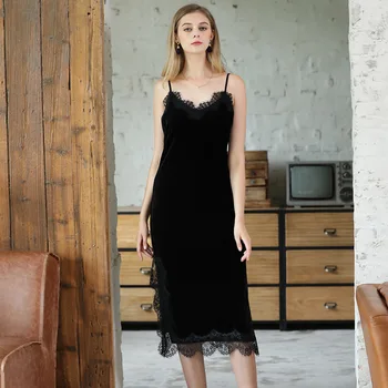 

CEARPION Sexy Women Solid Color Nightie Winter Velvet Long Suspender Skirt Sleepwear Casual Daily Spaghetti Strap Nightdress