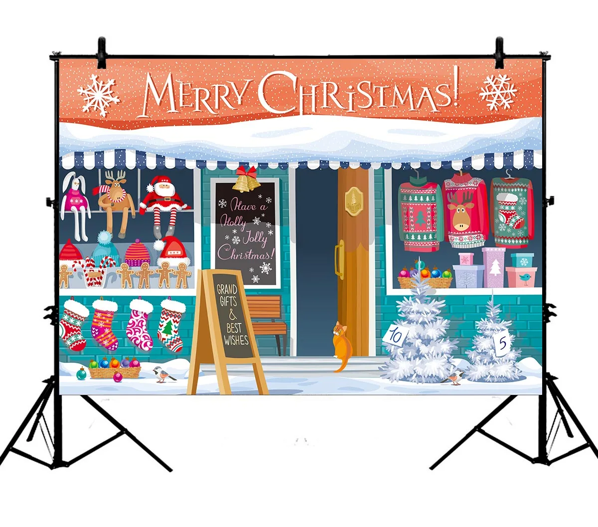 

5x7ft Christmas Xmas Pine Trees Lantern Reindeer Santa Claus Polyester Photo Background Portrait Backdrop