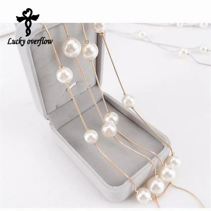 

2018 Simple Double Chain Charm Simulated Pearl Necklace Long Sweater Chain Necklace For Women Valentine Gift No Box And Model