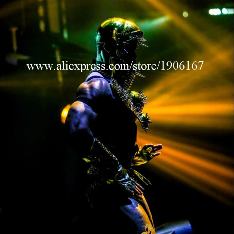 Ballroom dance stage costumes party show dress wears men armor robot suit dj helmet gold disco bodysuit rivet outfits bar2